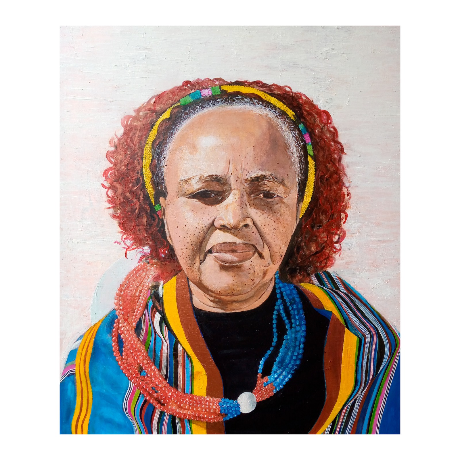 Matilda — portrait of the artist's grandmother with henna-red curls under a yellow beaded band, coral and cobalt bead strands meeting at her chest over striped cloth