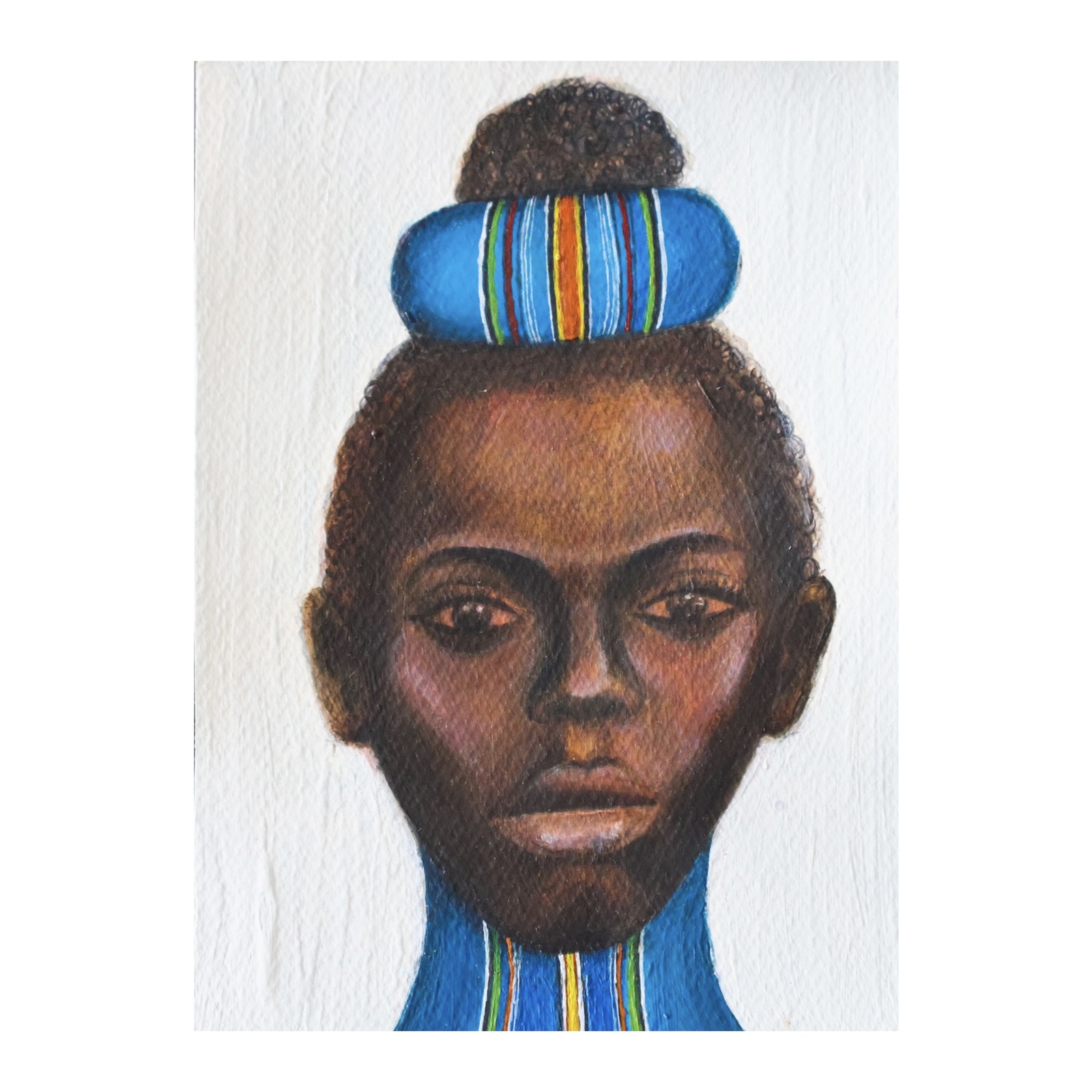 Silence Awaiting — small study of a woman meeting the viewer's gaze directly, her bun crowned by a blue striped ring of beadwork that returns, mirrored, at her collar